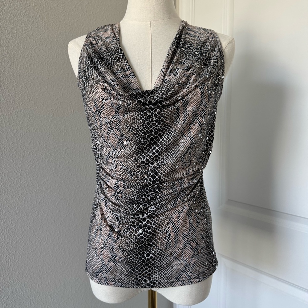 Joseph Ribkoff Draped Sleeveless Gray and White Blouse